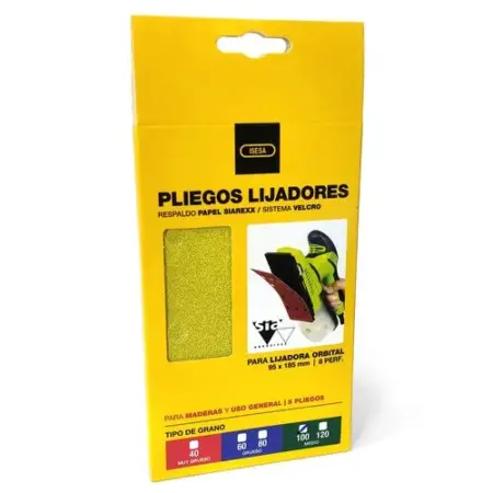 Pack 5 Lijas 95×185 mm con 8 Perf. – Barniz, Madera, Masillas y Rellenos – Grano 100 – Sist. Velcro – Siarexx
