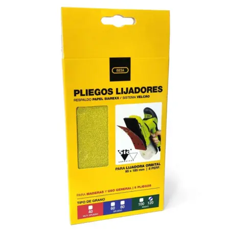 Pack 5 Lijas 95x185 mm con 8 Perf. - Barniz, Madera, Masillas y Rellenos - Grano 120 - Sist. Velcro - Siarexx