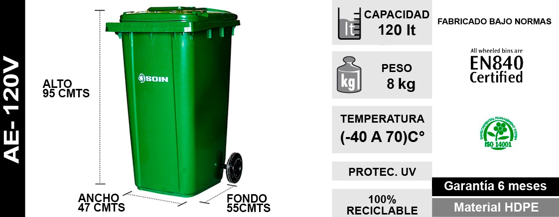 CONTENEDOR DE RESIDUOS PLASTICO CON RUEDAS VERDE 120